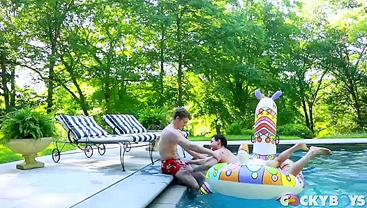 Blake Mitchell Gags on Levi Karters Huge Cock Poolside – Wild Bareback Ride
