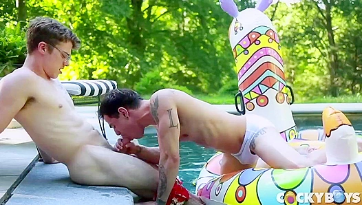 Blake Mitchell Gags on Levi Karters Huge Cock Poolside – Wild Bareback Ride
