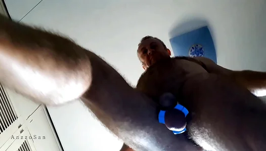 AnizzoSan Shows Off His Steel-Ringed Ball Stretch – Hot Gay Muscle Scene – SteamyGayScene