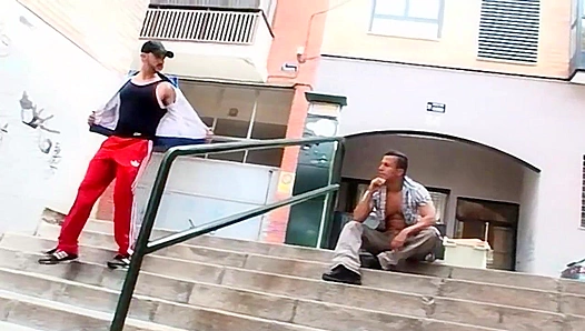Hungry for Muscle? Threesome Heat on the Stairs – GayHardbodies 18+