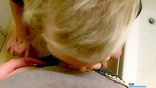 Blonde Beauty Sucks Cock in Public Restroom – Hot Blowjob Scene – OurBoyFriends